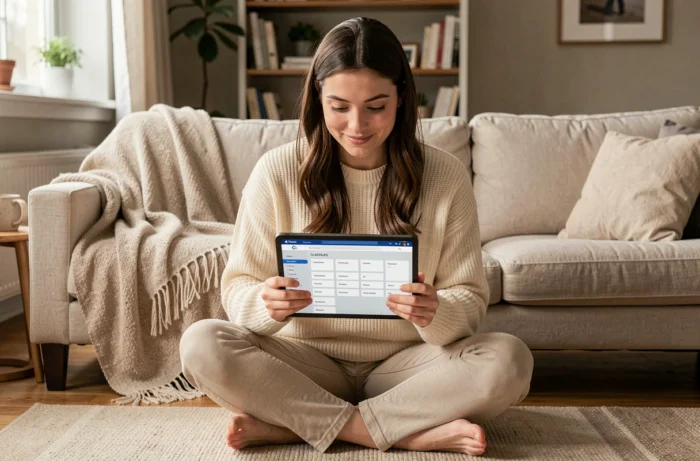 Jeune femme consultant le plan de navigation du site Vivre Femme sur une tablette dans son salon