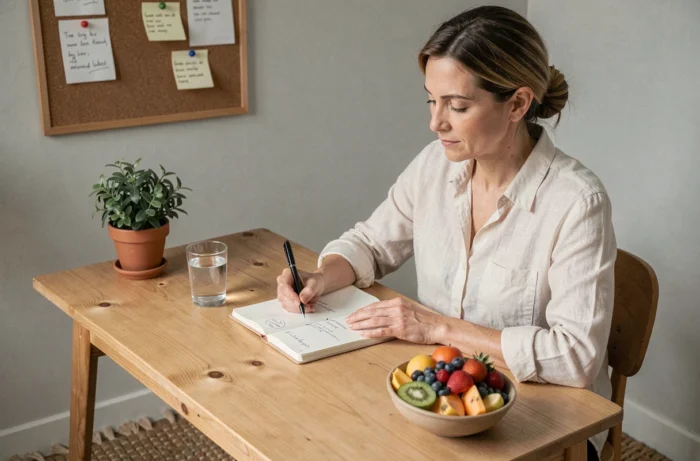 Femme tenant un journal de bien-être avec des fruits et un verre d'eau pour suivre ses habitudes alimentaires