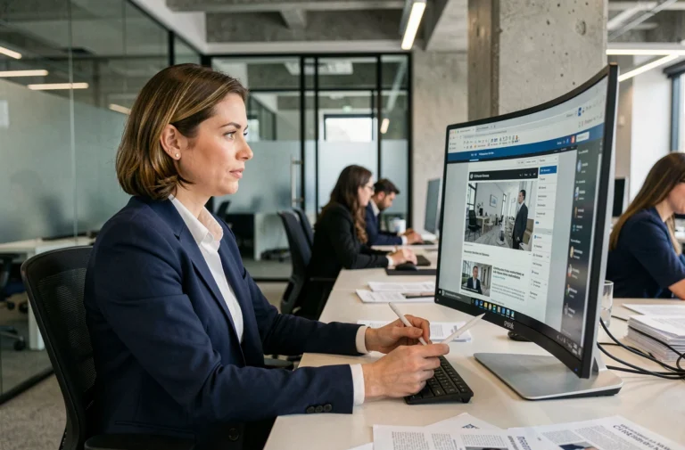 Journaliste femme dans une salle de rédaction moderne consultant les actualités médias sur un grand écran