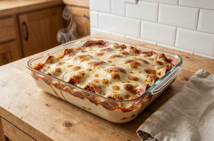 Plat de lasagnes réchauffées au four dans un plat en verre avec vapeur et fromage fondu doré