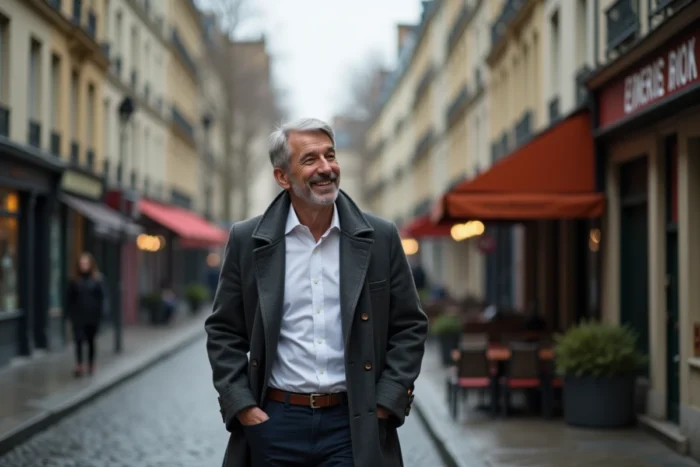 Homme en manteau élégant marchant seul dans une rue pavée parisienne sous la pluie, ambiance intimiste et discrète