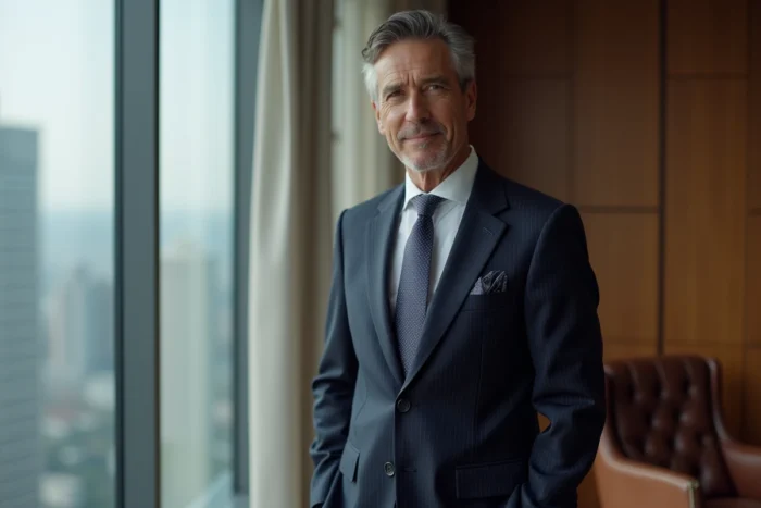 Portrait d'un homme politique élégant en costume sombre, expression discrète, dans un bureau moderne avec vue sur la ville