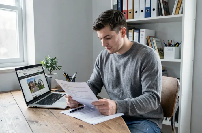 Jeune homme lisant attentivement un contrat de prêt immobilier à son bureau à domicile