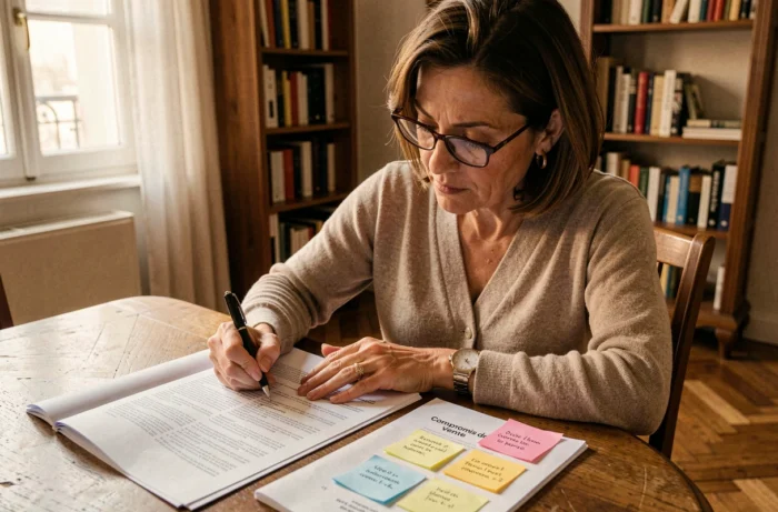 Une femme lit et annote attentivement les clauses d'un compromis de vente à domicile