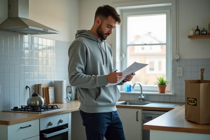 Jeune homme consultant une liste de dépenses pour emménager dans son premier appartement avec des fournitures essentielles sur le comptoir