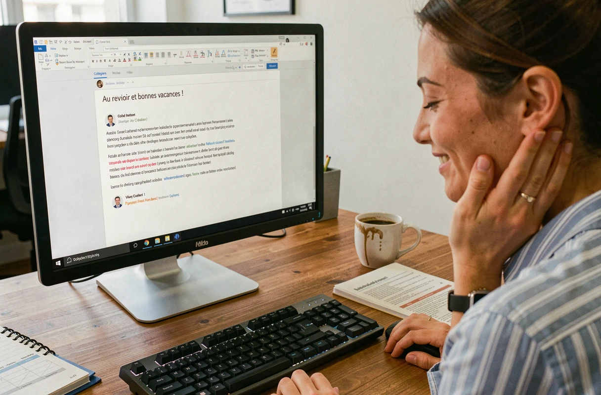 Collègue lisant un mail de départ en vacances rédigé collectivement par plusieurs membres de l'équipe