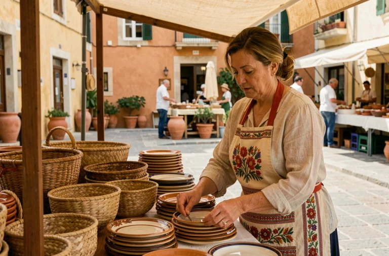 Artisane sarde présentant des paniers tissés et céramiques traditionnelles sur un marché artisanal à Porto Torres, Sardaigne