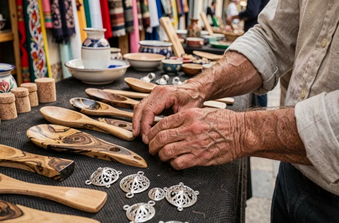 Gros plan sur des objets artisanaux sardes en bois d'olivier et bijoux en argent filigrane sur un étal du marché de Porto Torres