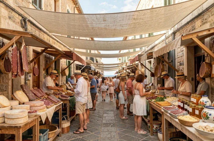 Vue panoramique du marché artisanal de Porto Torres avec étals de produits locaux sardes et visiteurs dans une ruelle pavée