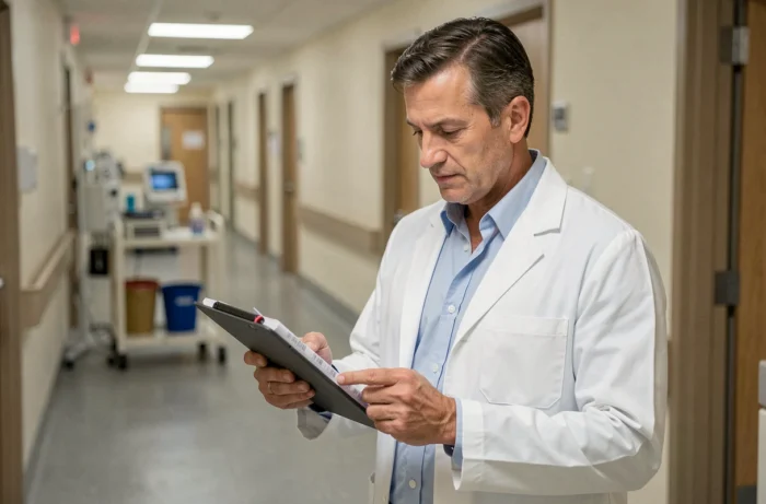 Médecin examinant des résultats d'analyses sanguines en milieu hospitalier, diagnostic de leucémie