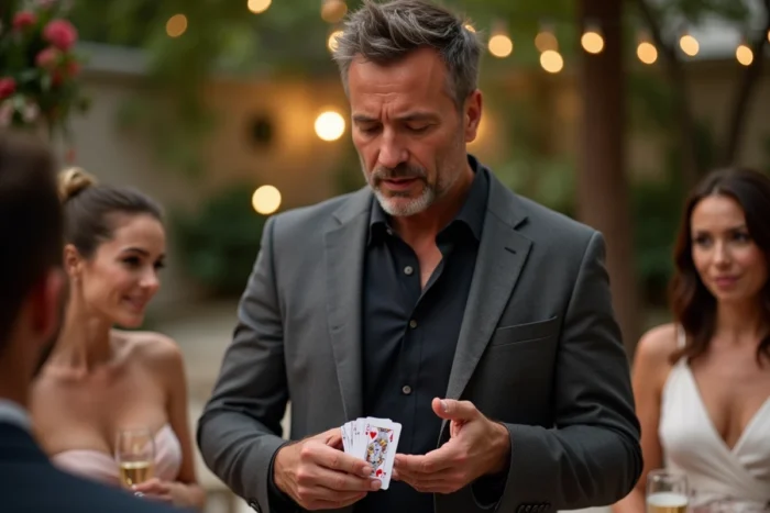Mentaliste en blazer sombre réalisant un tour de cartes devant des invités stupéfaits lors du vin d'honneur d'un mariage