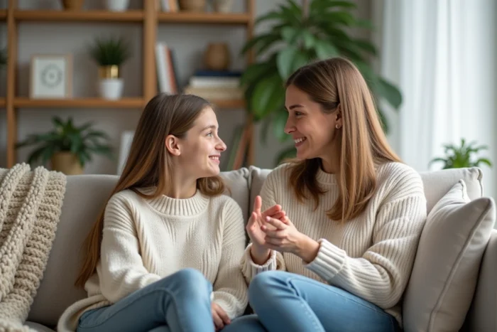 Mère et fille adolescente partageant une conversation sincère dans un salon moderne et épuré