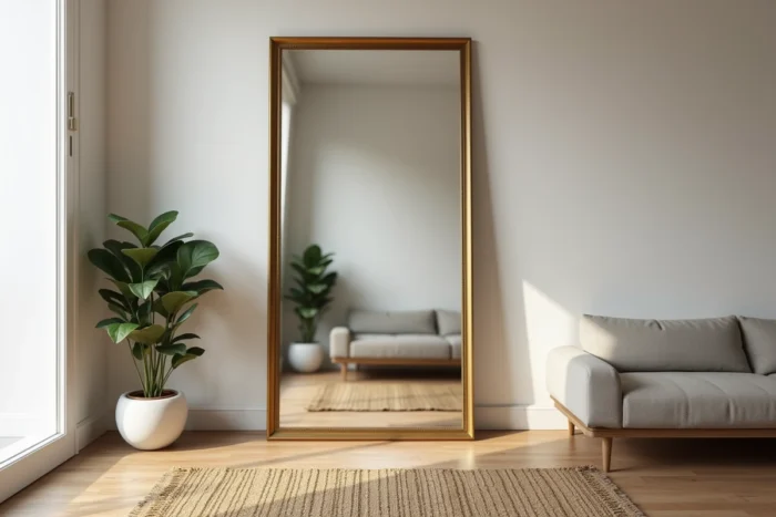Grand miroir surdimensionné posé au sol dans un séjour, encadré en laiton vieilli et reflétant l'espace intérieur