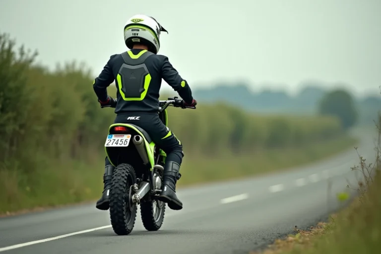 Jeune motard en tenue complète assis sur une moto cross 125 homologuée avec plaque d'immatriculation sur route rurale en France