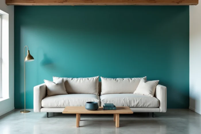Salon avec mur d'accent peint en bleu-vert Transformative Teal derrière un canapé en lin minimaliste