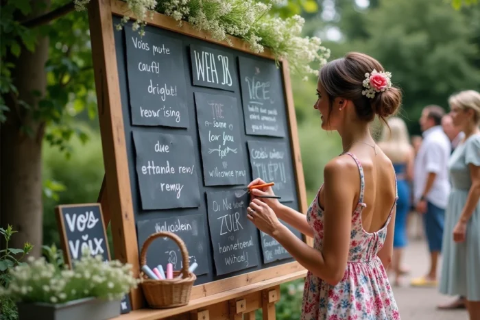Invitée écrivant un vœu sur un mur de vœux réutilisable en ardoise lors d'un mariage en plein air