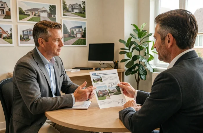 Un acheteur négocie le prix d'un bien immobilier avec un agent dans une agence