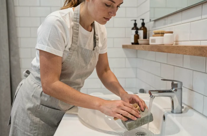 Femme nettoyant une pierre ponce sous l'eau du robinet avec une brosse naturelle dans une salle de bain moderne