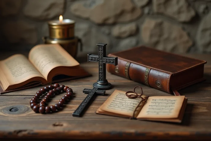 Objets spirituels éthiopiens et chrétiens disposés sur une table en bois, croix copte, bible et chapelet, symbolisant les croyances religieuses et la spiritualité du chanteur The Weeknd