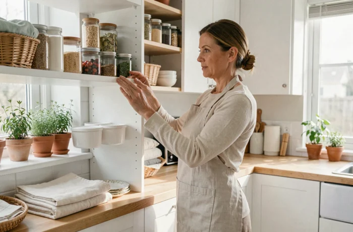 Femme qui organise les étagères de sa cuisine avec des bocaux et des paniers rangés, dans un intérieur moderne et chaleureux