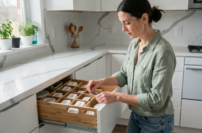 Femme organisant un tiroir de cuisine avec des séparateurs en bambou et des boîtes étiquetées, cuisine moderne bien rangée et pratique