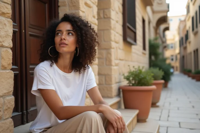 Jeune femme aux origines libanaises assise devant une façade en pierre traditionnelle, évoquant les racines culturelles et le parcours identitaire de Mia Khalifa