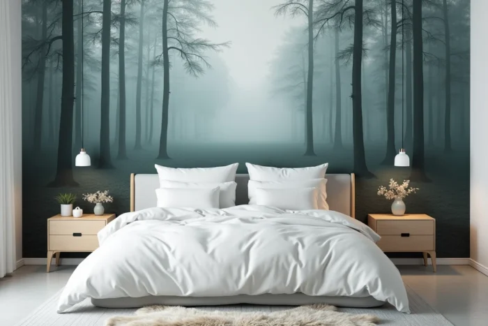 Tête de lit habillée d'un papier peint panoramique représentant une forêt brumeuse en tons bleutés et sages dans une chambre minimaliste
