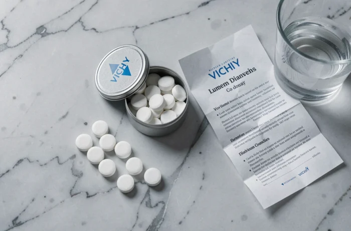 Vue rapprochée de pastilles de Vichy avec notice et verre d'eau sur marbre, illustrant les précautions et effets indésirables