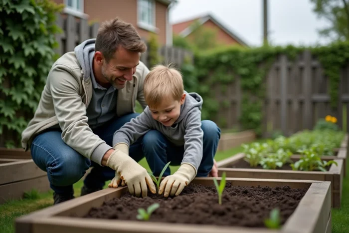 Père et fils jardinent ensemble dans un potager familial en plein air, partageant un moment éducatif