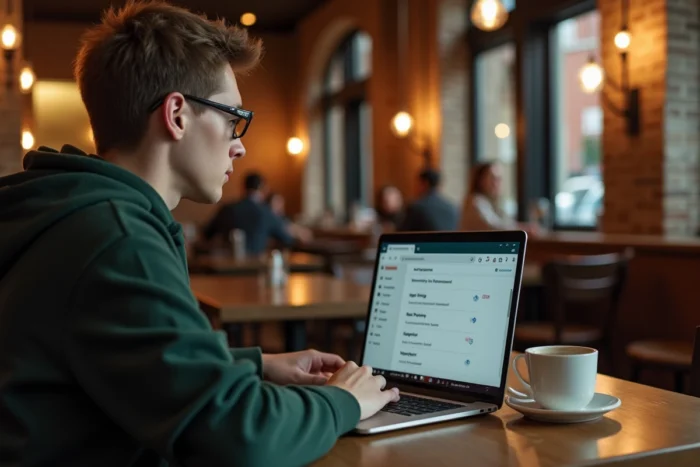 Jeune personne consultant les mots de passe enregistrés dans un navigateur depuis un café branché