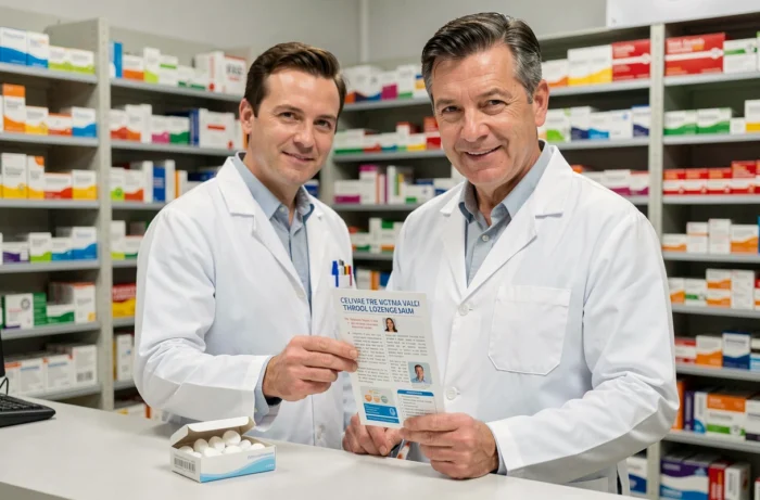 Pharmacien expliquant les effets indésirables des pastilles de Vichy à son comptoir avec une notice d'information