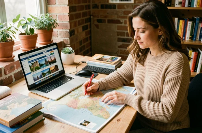 Femme planifiant un voyage avec une carte et un ordinateur portable dans un bureau chaleureux