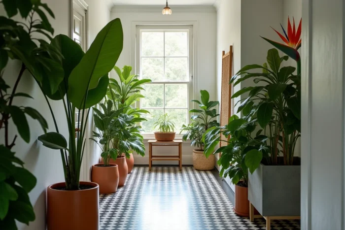 Entrée d'appartement décorée de grandes plantes tropicales en pots variés selon une approche biophilique naturelle