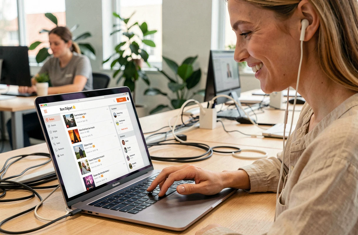 Jeune femme avec des écouteurs écoutant une playlist collaborative de départ créée par ses collègues