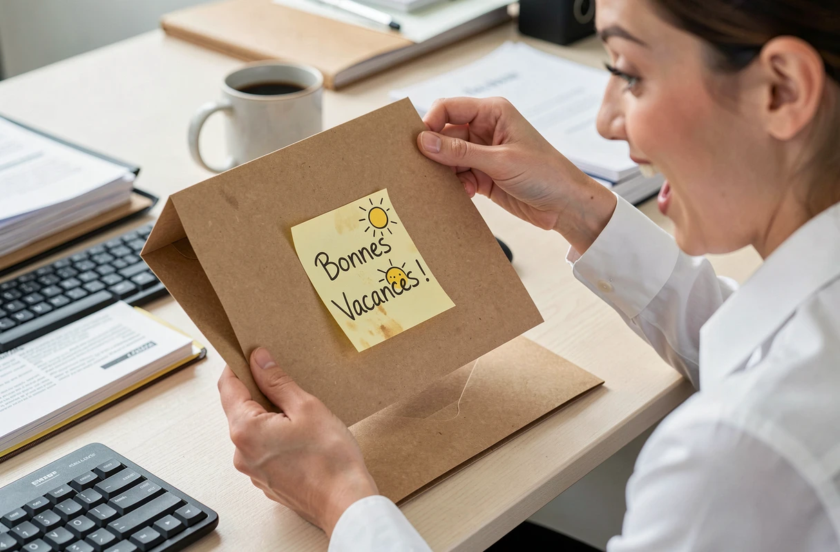 Post-it avec message 'Bonnes Vacances' caché dans un dossier de travail découvert par une collègue surprise