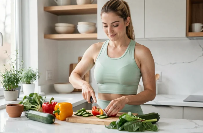 Femme préparant des légumes frais dans une cuisine moderne pour une alimentation saine et équilibrée
