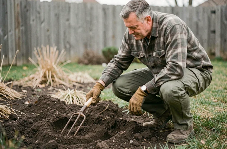 Homme préparant le sol avec une fourche de jardin avant de semer du gazon dans un jardin résidentiel