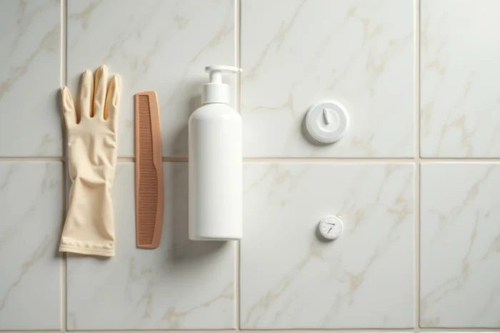 Produit Vermogal, peigne et gants disposés sur un plan vasque pour traitement antipoux