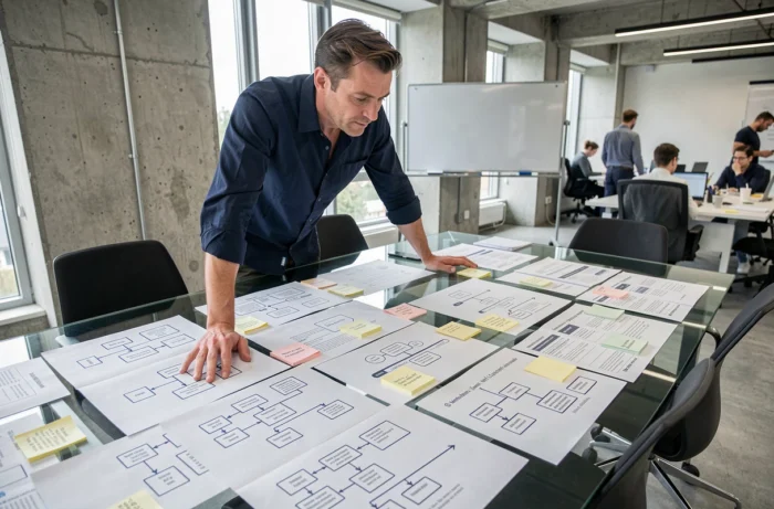 Professionnel du web organisant l'architecture d'un sitemap avec des documents imprimés sur une table de réunion