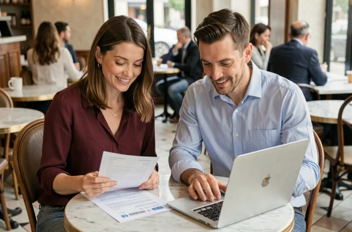 Deux professionnels comparant des offres d'emploi en ligne et des CV imprimés dans un café parisien