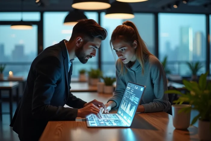 Deux professionnels collaborant autour d'un écran OLED transparent dans un espace de coworking technologique avec vue urbaine