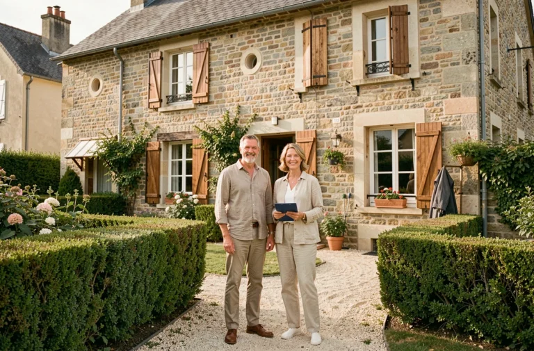 Un couple discute avec un agent immobilier devant une maison en pierre dans un quartier résidentiel français