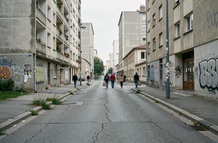 Vue d'ensemble d'un quartier populaire de Blois avec des immeubles de logements sociaux des années 1970 et des trottoirs usés