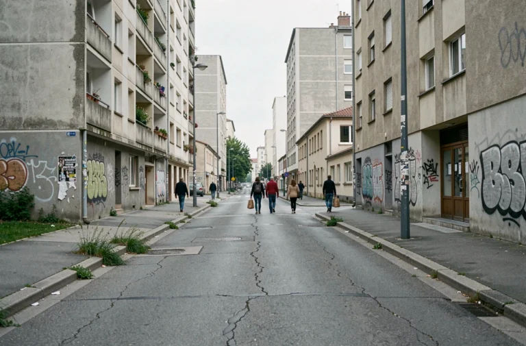 Vue d'ensemble d'un quartier populaire de Blois avec des immeubles de logements sociaux des années 1970 et des trottoirs usés