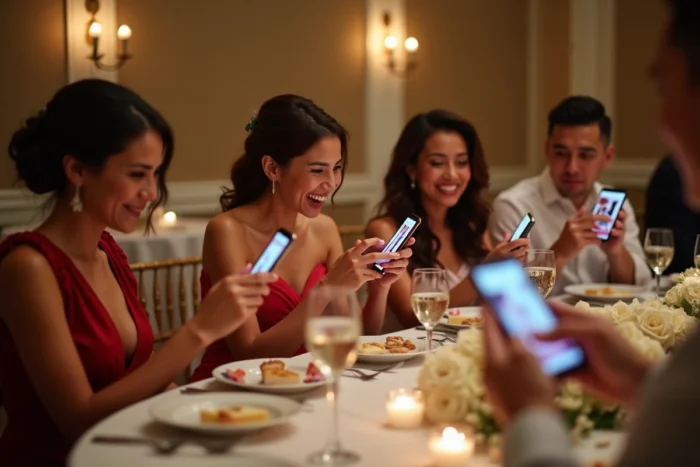 Invités de mariage jouant au quiz des mariés sur leur smartphone autour d'une table de réception festive