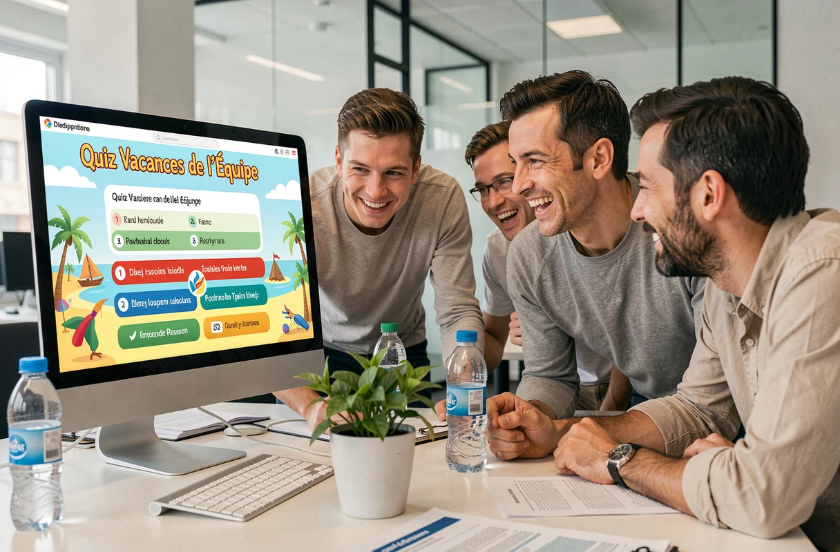 Collègues autour d'un écran affichant un quiz vacances interactif envoyé à toute l'équipe