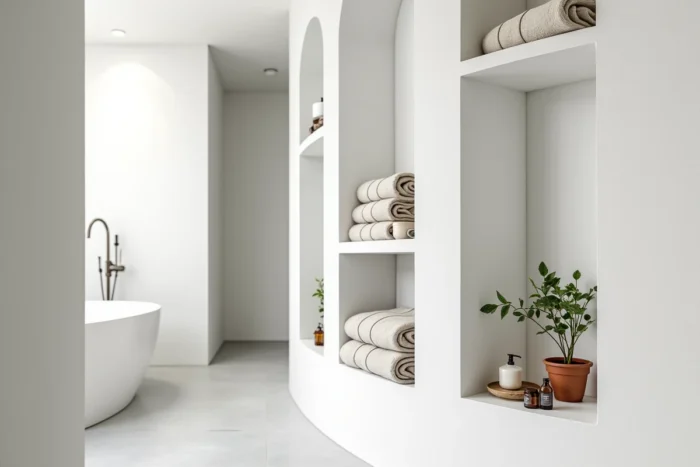 Salle de bain avec rangements ouverts en niches murales encastrées, décorées de serviettes en lin, flacons et plante verte