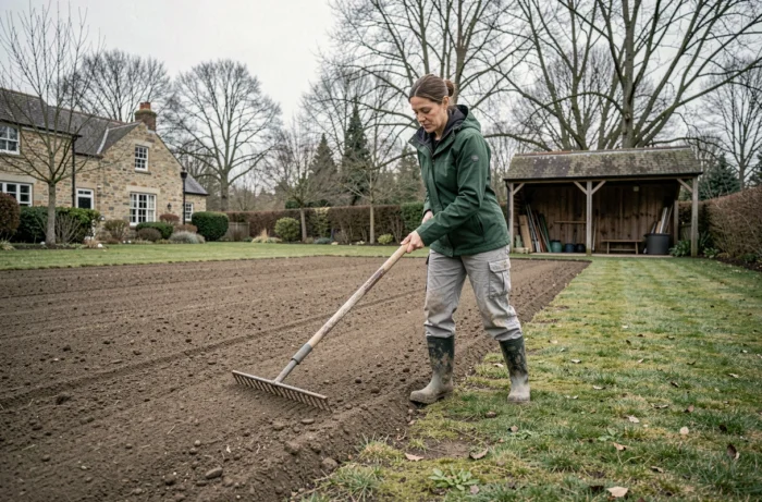 Femme utilisant un râteau pour aplanir le sol avant la semence de gazon dans un grand jardin