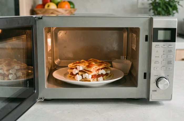 Portion de lasagnes dans un micro-ondes avec un verre d'eau pour éviter le dessèchement