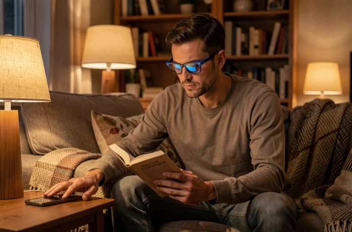 Homme posant son téléphone le soir pour réduire les écrans passifs et choisir un livre avant de dormir